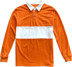 Custom <b>orange</b> White Color Block Long Sleeve <b>Polo</b> Shirt knitted Cotton RugbyStyle Streetwear Fashionwear breathable lightweight - Product Image 1