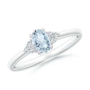 Wholesale 18K White Gold Oval Aquamarine Ring with Lab Grown Diamond Cluster | Trilogy Side Stone Engagement Ring | IGI Certifi - Product Image 1