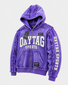 Sudadera con capucha morada de cierre de cremallera para hombre, de peso pesado, con lavado ácido, efecto desgastado, borde sin rematar, estilo streetwear, con apliques y estampado en relieve, de fabricante personalizado - Product Image 2