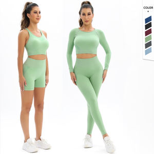 ชุดออกกำลังกายผู้หญิงพรีเมียม 4 ชิ้น เสื้อชั้นในแบบสปอร์ตคอกลม เสื้อครอปแขนยาวแบบโปร่ง กางเกงขาสั้นยกกระชับสะโพก กางเกงเลกกิ้ง ชุดออกกำลังกาย - Product Image 5