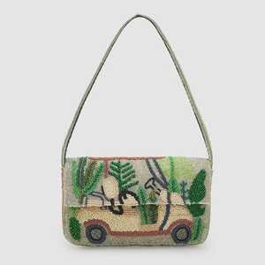 Bolso de Mano Artesanal de Tela Multicolor con Diseño de Carrito de Golf, Bordado de Poliéster Hecho a Mano con Cuentas de Vidrio Lavables, Forma Rectangular - Product Image 3