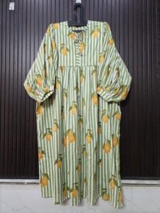 Green White Striped <b>Lemon</b> Print Cotton Cap Sleeve Tunic <b>Dress</b> Tea-Length Breathable Club <b>Dress</b> Adult Style - Product Image 1