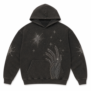 Sweat à capuche oversize noir délavé à l'acide avec strass, unisexe, streetwear, en coton, imprimé graphique vieilli, personnalisé, haut d'hiver - Product Image 1