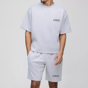 Men's Light Gray Cotton T-Shirt and Shorts Set Crew Neck Solid Color Casual Summer Wear with Logo Print - Product Image 1