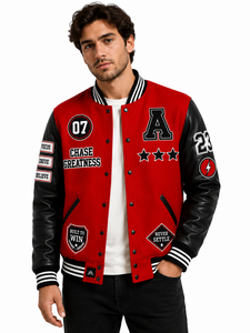 Legend Status Red <b>Men's</b> Varsity <b>Jacket</b> 100% Cotton Anti-Bacterial Zipper Closure Sleeve Patch Design <b>Letter</b> Print Casual Style - Product Image 4
