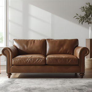 Elegante Sofá de Cuero Marrón de 2 Plazas con Brazos Enrollados, Sofá Tradicional de Lujo para Sala de Estar o Vestíbulo de Hotel - Product Image 2