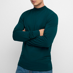T-shirt à col roulé à manches longues pour homme, vert foncé, tricoté, coupe ajustée, couleur unie, vêtement décontracté - Product Image 1