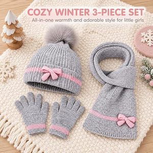 Girls Winter Knit <b>Beanie</b> Hat Scarf Gloves 3 Piece Set <b>with</b> <b>Pom</b> <b>Pom</b> Bow Gray Pink - Product Image 4