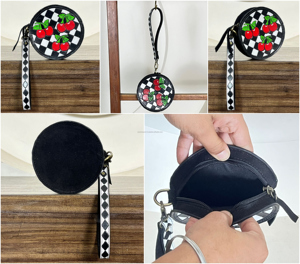 Western Cherry Round Coin Purse Checkered Wristlet for Women Handmade <b>Tooled</b> <b>Leather</b> Zipper Wallet Cute Checkerboard <b>Pouch</b> Bag - Product Image 3