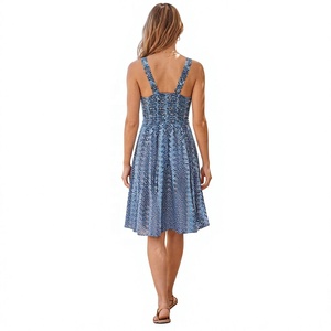 <b>Boho</b> Rayon V-Neck Knee-Length A-Line Natural Waist Dress Geometric Print Spaghetti Strap Sleeveless Summer Casual Sweet - Product Image 5