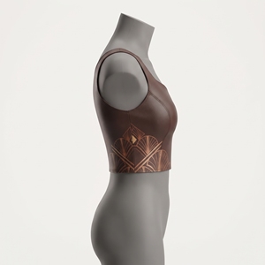 Corset bustier en cuir marron chocolat, décolleté cœur, motif éventail Art Déco en cuivre, bretelles larges, coutures princesse, style Gatsby - Product Image 4