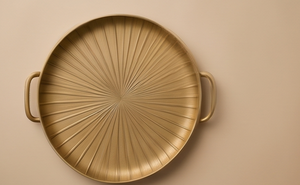 Luxury Sunburst Ribbed Round <b>Gold</b> Metal Serving <b>Tray</b> Loop Handle Platter <b>Coffee</b> <b>Table</b> Centerpiece Dish For Living Room Decor - Product Image 4