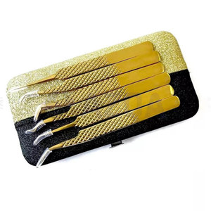 Pincettes pour extensions de cils en acier inoxydable de couleur dorée, avec poignées à prise diamantée, pour l'application et le coiffage des cils, 6 pièces - Product Image 4