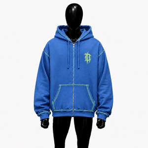 Blue Gothic Zip Up <b>Hoodie</b> Green Contrast <b>Stitching</b> <b>Oversized</b> Streetwear Embroidered Logo Unisex Custom Punk Fashion <b>Hoodie</b> Wear - Product Image 1
