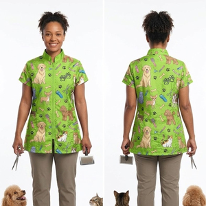 Blouse de toilettage pour femme en coton polyester sublimé, à manches courtes, avec fermeture éclair et col montant, durable et antistatique - Product Image 5