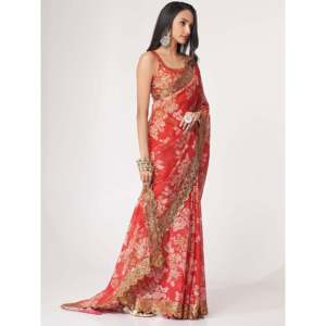 Gorgeous <b>Red</b> Floral Print Organza Wedding Saree with <b>Blouse</b> for Wedding Apparel - Product Image 6