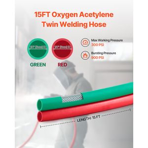 Tubo per ossigeno e acetilene da 1/4 di pollice x 15 piedi con raccordo 9/16'' 18 B, torcia per saldatura e taglio di grado T, doppio tubo 300 PSI per saldatura e brasatura - Product Image 1