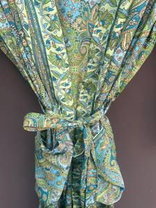 Green Paisley Print Wrap Dress Belt Maxi Three Quarter Sleeve V-Neck Vintage A-Line Beach Vacation Style <b>Silk</b> <b>Kimono</b> - Product Image 3