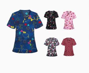 Blouse d'uniforme d'hôpital pour femmes, imprimé floral coloré en forme de cœur, manches courtes, col en V, polyester - Product Image 4