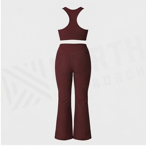 2 Piece Yoga Set Racerback Crop Top High Waist Full Length <b>Flared</b> <b>Leggings</b> Solid Maroon Breathable Seamless Women's Sportswear - Product Image 2