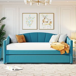 Divano letto imbottito blu a una piazza e mezza con letto estraibile e doghe in legno - Mobili imbottiti - Product Image 2