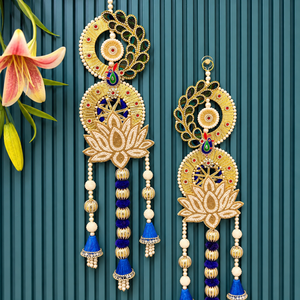 Peacock Lotus Pearl Hanging Toran With Blue Tassels Gold Beads For Wedding Diwali Home Decoration hanging for home temple - Product Image 1