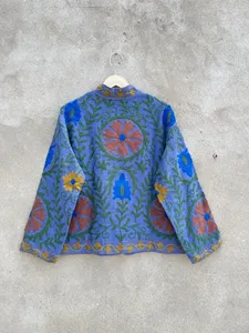 <b>Women</b> Uzbek Suzani Style Cotton <b>Jacket</b> Blue Floral Embroidery Traditional Stand Collar Bohemian Outerwear - Product Image 4