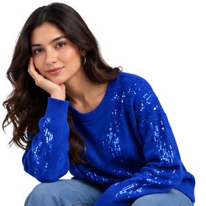 Pull en maille bleu à sequins pour femme, col rond, manches longues, scintillant, coupe décontractée, mode hiver - Product Image 4