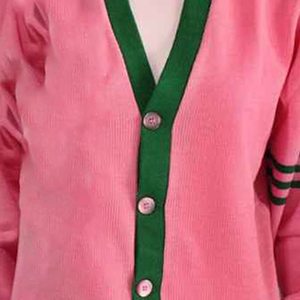 Cárdigans rosas con cuello en V y ribete verde, suéteres casuales unisex de punto de manga larga con bolsillos y botones - Product Image 3