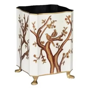 Trash Can In Elegant Black Cylindrical Metal Paper Basket With Gold Greek Key Pattern Decorative Indoor Waste <b>Bin</b> Household Use - Product Image 3