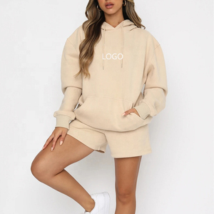 Women's Beige Hooded Sweatshirt & Shorts Set Casual Loose Fit 2-Piece Solid Color Fleece Tracksuit Spring Summer Wear Women's Se - Product Image 1