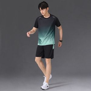 เสื้อเจอร์ซีย์กีฬาผู้ชาย แขนสั้น สีไล่ระดับ ระบายอากาศ แห้งเร็ว ผลิตจากโพลีเอสเตอร์ ชุดเซ็ตสำหรับฤดูร้อน ทรงปกติ - Product Image 1