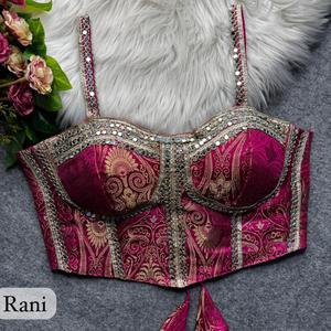 Purvang Global Rani Choli traditionnel en brocart de coton rose, orné de broderies miroir, coupe classique pour femme, toutes saisons, tenue de mariage, Inde - Product Image 1