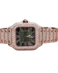 Montre chronographe de luxe personnalisée avec cadran vert pour homme, sertie de diamants Moissanite VVS, style Hip Hop, avec bracelet simple et sous-cadrans - Product Image 1