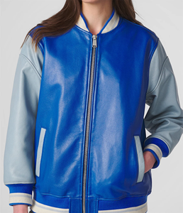Custom Size Winter Canvas Varsity Jacket Covered Button Customized Leather-Style Body Blue Grey Sleeves Nonwoven Weaving - Product Image 1