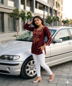 Women's <b>Maroon</b> Cotton Embroidered Kurta Traditional Ethnic <b>Top</b> Casual Wear India Pakistan Style BLUESTAR- BS...159- 85418 - Product Image 2