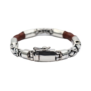 Bracelet en cuir véritable pour homme en argent sterling 925 fait à la main, coupe princesse, chaîne et maillons - Bijoux de mode pour fête, mariage et cadeau - Product Image 1