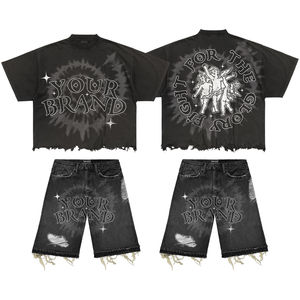 Ensemble T-shirt et short streetwear de haute qualité, délavé à l'acide, imprimé graphique, en tissu épais, pour l'été - Product Image 3