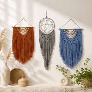 Tapisserie murale en macramé polyester faite à la main OEM ODM, attrape-rêves bohème personnalisé, broderie à pompons, écologique, décoration intérieure JNC Macramé - Product Image 2