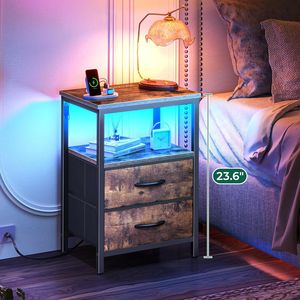 โต๊ะข้างเตียงพร้อมไฟ LED และแท่นชาร์จไฟฟ้า 2 ลิ้นชัก โต๊ะข้างเตียงผ้าหุ้ม และชั้นวางของแบบเปิด - Product Image 1