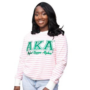 Sudadera Personalizada para Mujer, Blanca con Rayas Rosas, Bordada con la Letra AKA Alpha Kapa Alpha en Verde, Cuello Redondo, Manga Larga, Estilo Casual - Product Image 1