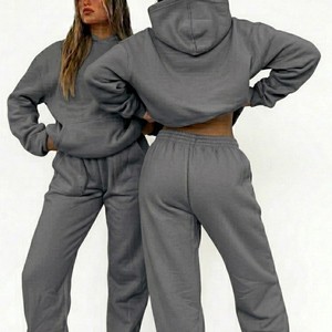 Conjunto de Sudadera con Capucha Gris Unisex, Sudadera con Capucha Oversize, Sudadera Corta con Capucha, Pantalones de Felpa, Diseño de Bolsillo de Color Sólido, Ropa Casual de Otoño - Product Image 1