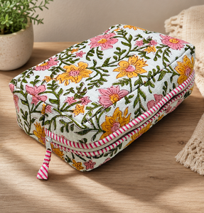 Floral Cotton Quilted Makeup Bag Zipper Cosmetic Pouch Quilted Beauty <b>Case</b> for Travel Daily Use - Product Image 2