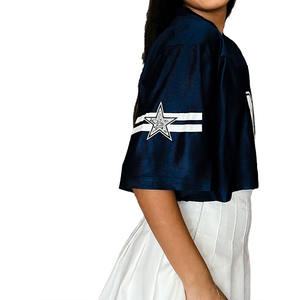 Camiseta Deportiva Corta Azul de Fútbol Americano para Mujer con Estrella de Diamantes de Imitación en la Manga, Estilo Oversize, Malla Transpirable, Top Deportivo, Servicio OEM de Impresión Personalizada - Product Image 3