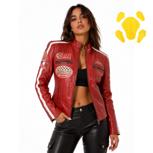 Veste de course en cuir rouge pour femme, style Cafe Racer, veste de motard, rayures blanches, coupe slim, vintage, moto - Product Image 1