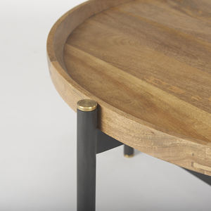 Table basse de salon en bois de manguier massif, ronde, pliable, fabriquée à la main en fer et en bois, avec finition naturelle et noire - Product Image 5