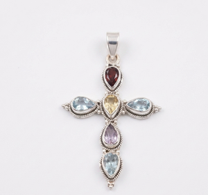 Colgante de Cruz de Topacio Azul Natural, Granate, Amatista y Citrino, Plata de Ley 925, Chapado en Oro Rosa y Oro Amarillo, Religioso Cristiano - Product Image 1