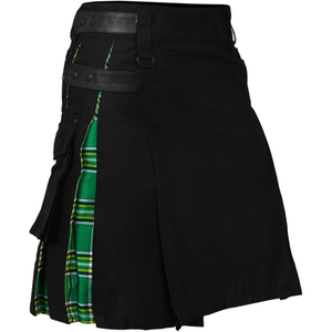 Kilt en coton noir pour homme avec doublure à carreaux verts, coupe classique, taille adulte, en stock - Product Image 1