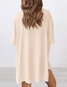 Oversized <b>Batwing</b> Sleeve Knitted <b>T</b>-<b>Shirt</b> Solid Color O-Neck Casual Summer Wear Unisex Breathable Pullover Beige - Product Image 3