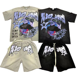 T-shirts et shorts en coton 260 g/m² pour hommes, délavés à l'acide, coupe oversize, col rond, motif à motifs, style décontracté - Product Image 1